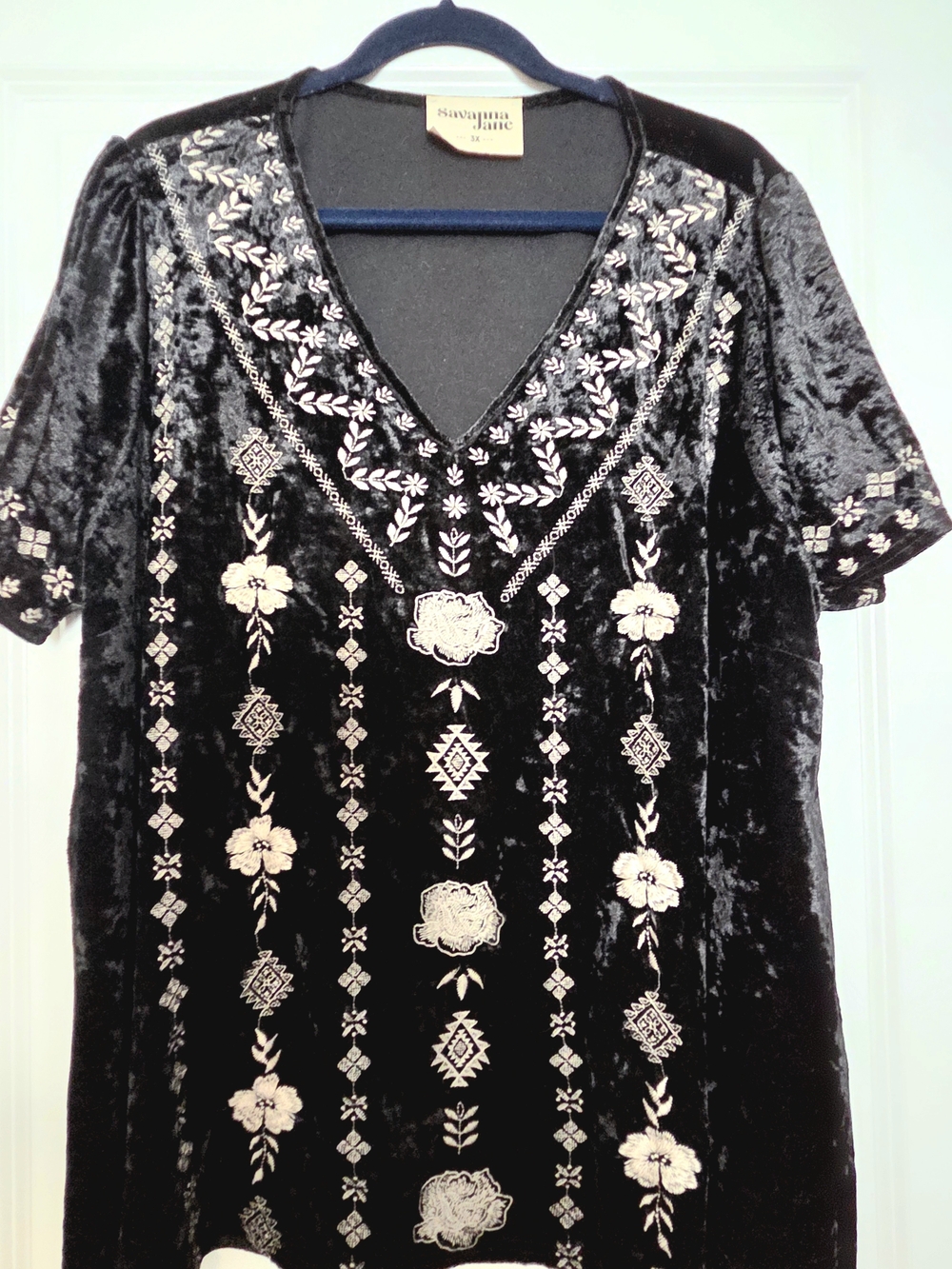 Savanna Jane Black Velvet V-Neck Tunic with Cream Embroidery